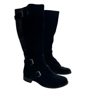 Ugg Cydnee Boots 9.5 Black Leather Knee High Buckle Sheepskin Shearling Stretch